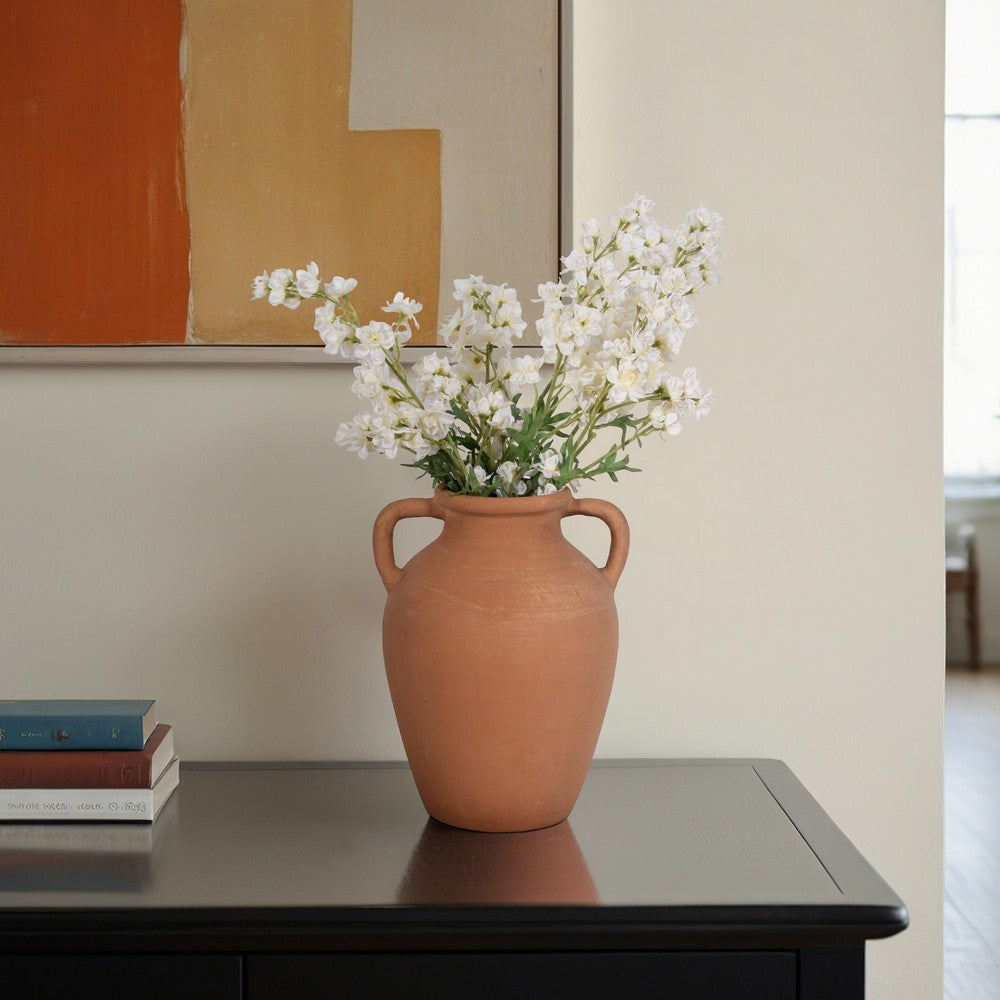 Antique Flower Vase w 2 Handles | Rustic Brown Terracotta | 13"