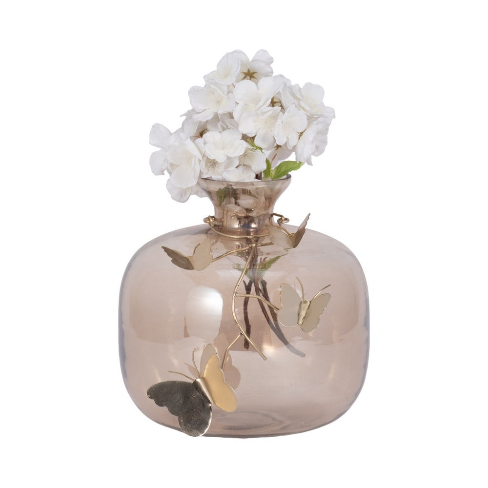 Glass Vase | 10" Metallic Butterfly Garland | Vintage Rose Gold