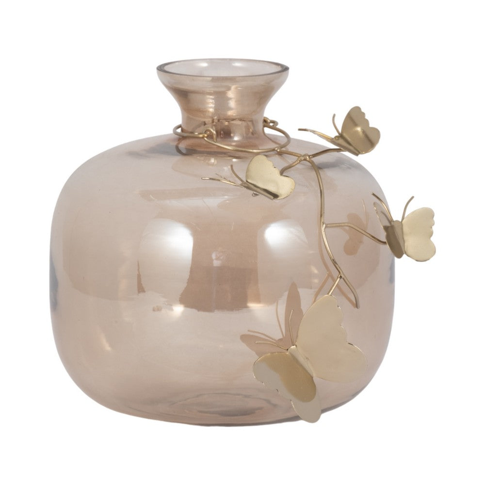 Glass Vase | 10" Metallic Butterfly Garland | Vintage Rose Gold