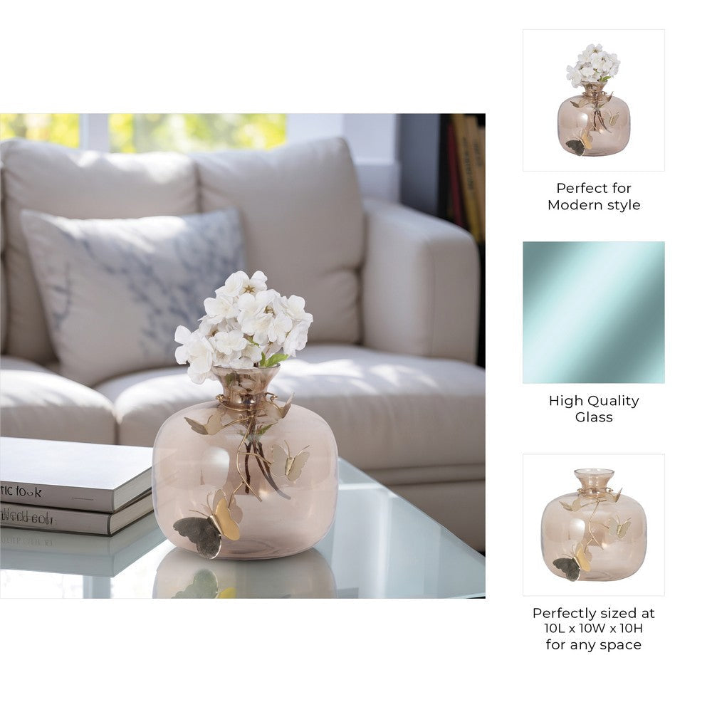 Glass Vase | 10" Metallic Butterfly Garland | Vintage Rose Gold