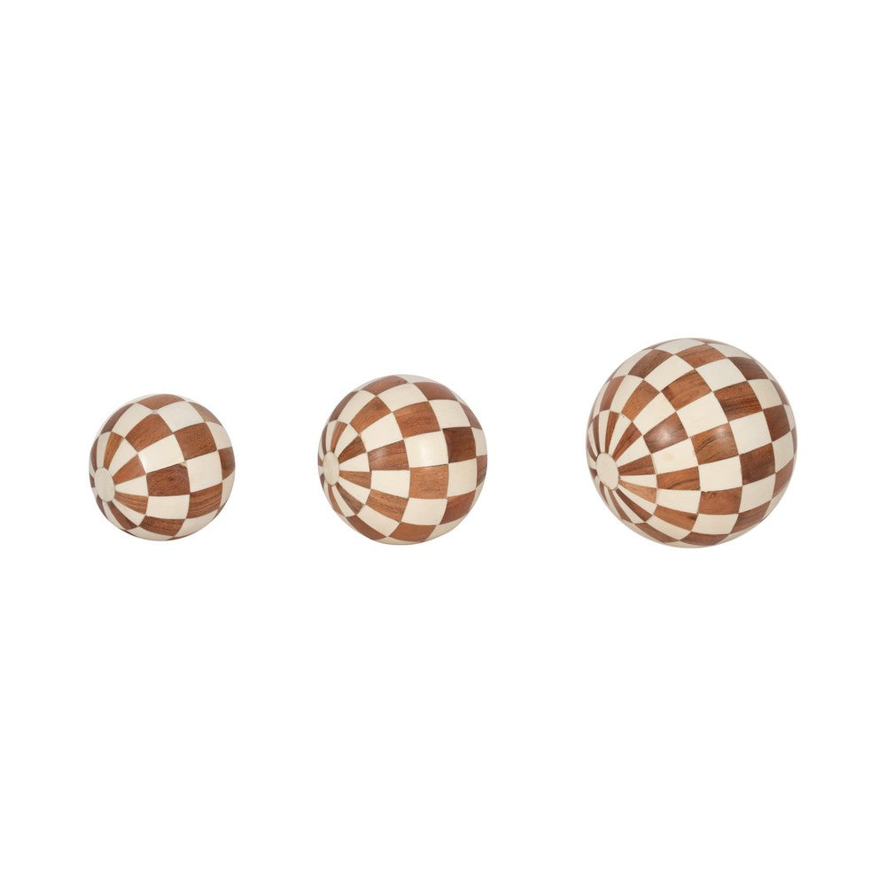 Decorative Round Orbs Set of 3 | Ivory & Brown Checkered | 4/5/6"
