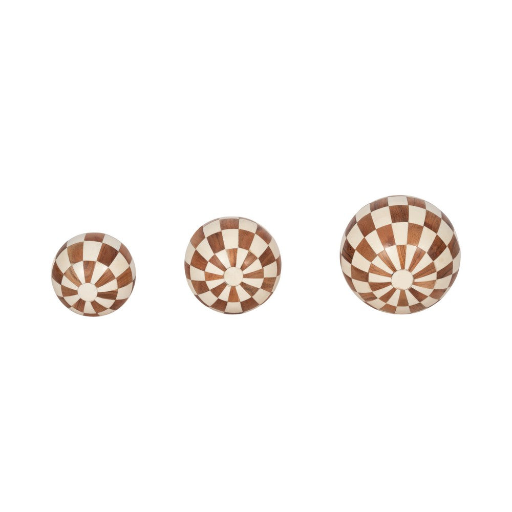 Decorative Round Orbs Set of 3 | Ivory & Brown Checkered | 4/5/6"