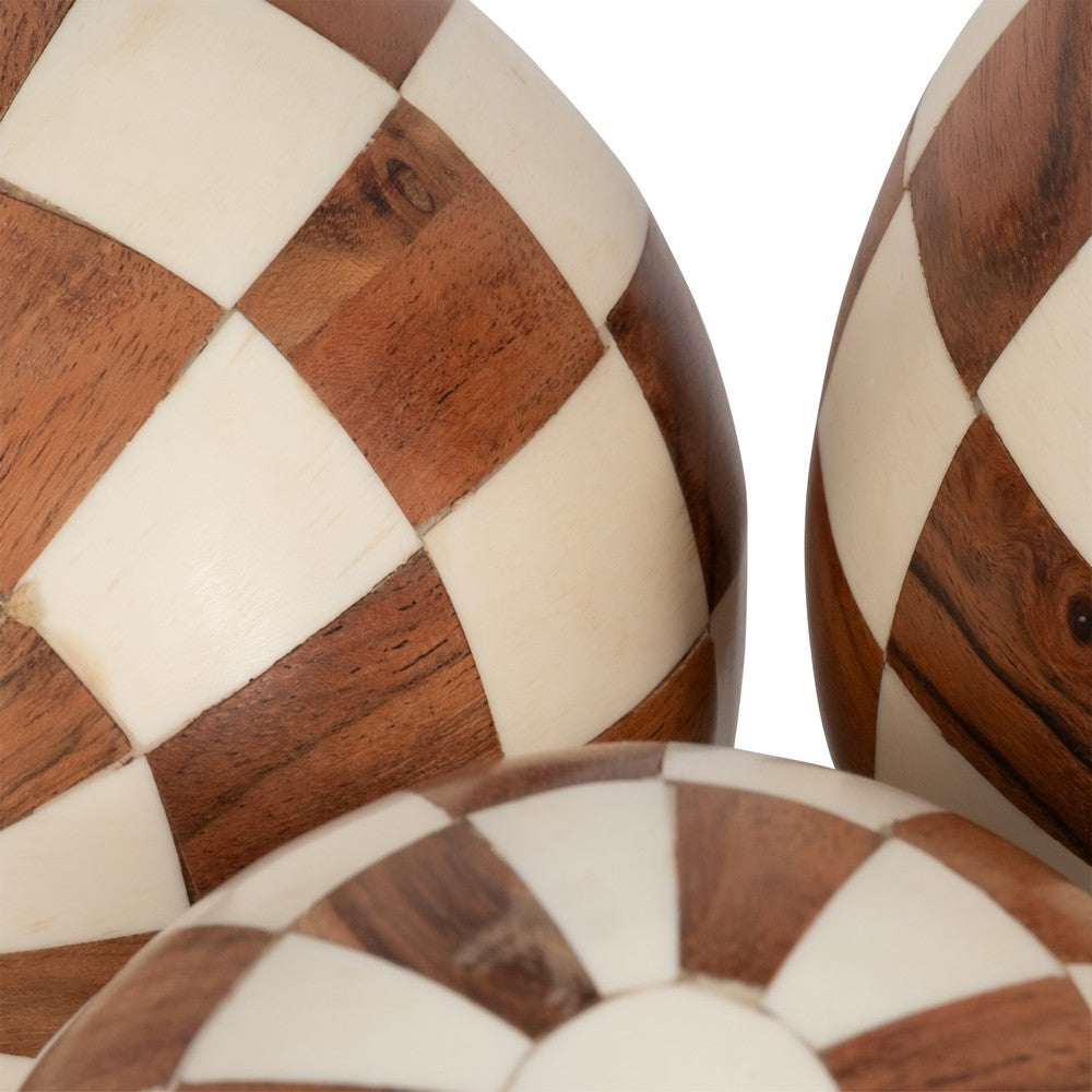 Decorative Round Orbs Set of 3 | Ivory & Brown Checkered | 4/5/6"