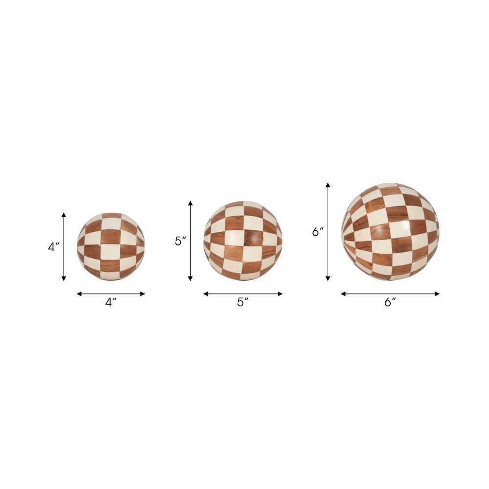 Decorative Round Orbs Set of 3 | Ivory & Brown Checkered | 4/5/6"