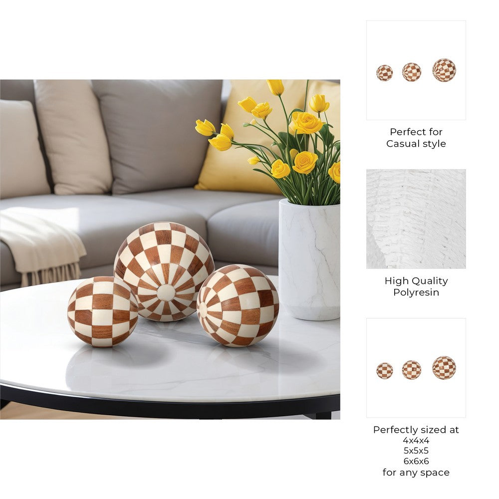Decorative Round Orbs Set of 3 | Ivory & Brown Checkered | 4/5/6"