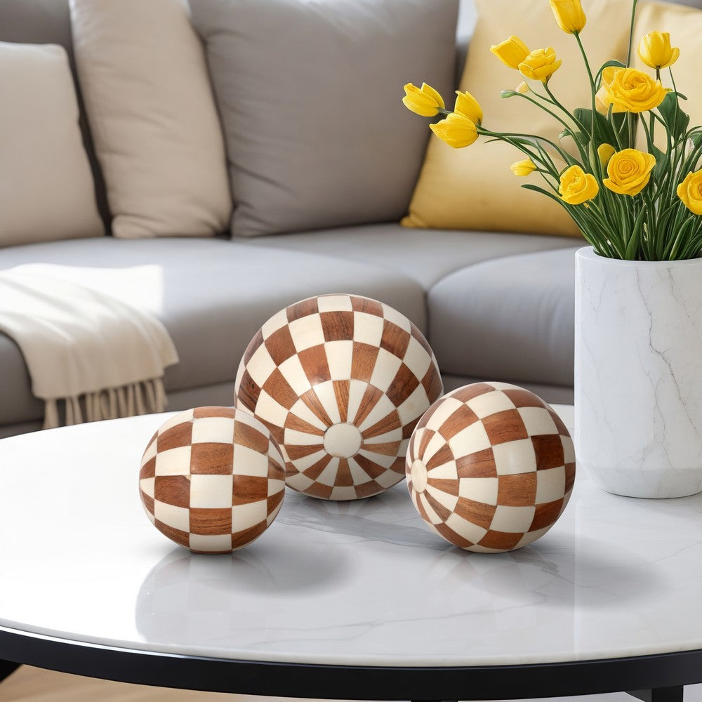 Decorative Round Orbs Set of 3 | Ivory & Brown Checkered | 4/5/6"