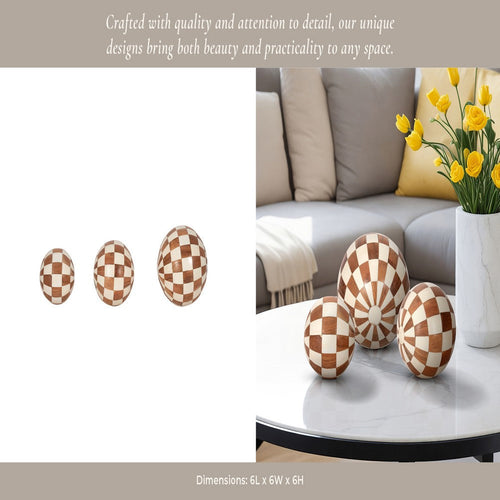 Decorative Round Orbs Set of 3 | Ivory & Brown Checkered | 4/5/6"