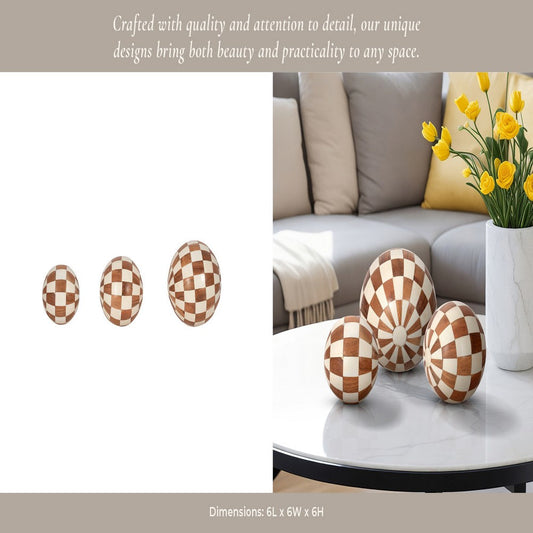 Decorative Round Orbs Set of 3 | Ivory & Brown Checkered | 4/5/6"