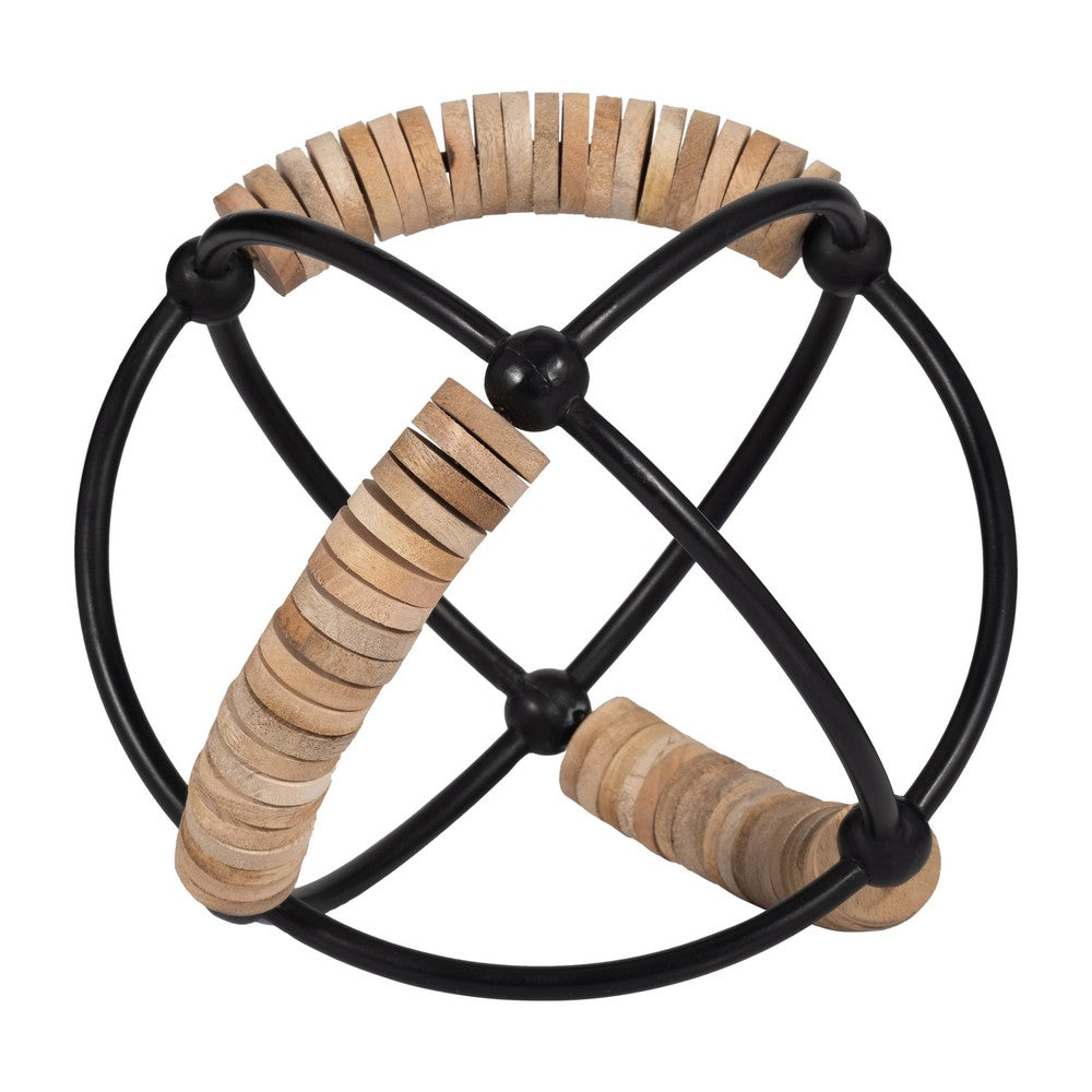 Decorative 9" Orb | Abacus Design Natural Brown Wood | Black Iron