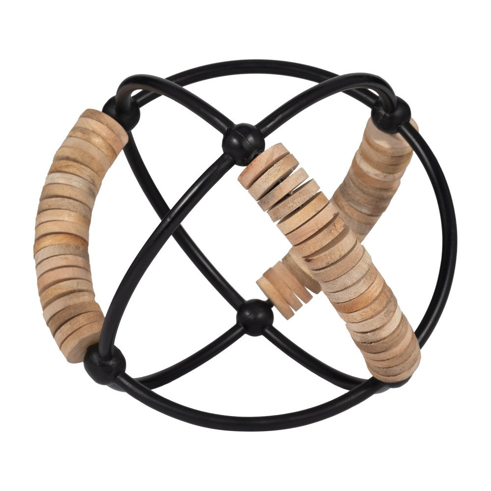 Decorative 9" Orb | Abacus Design Natural Brown Wood | Black Iron