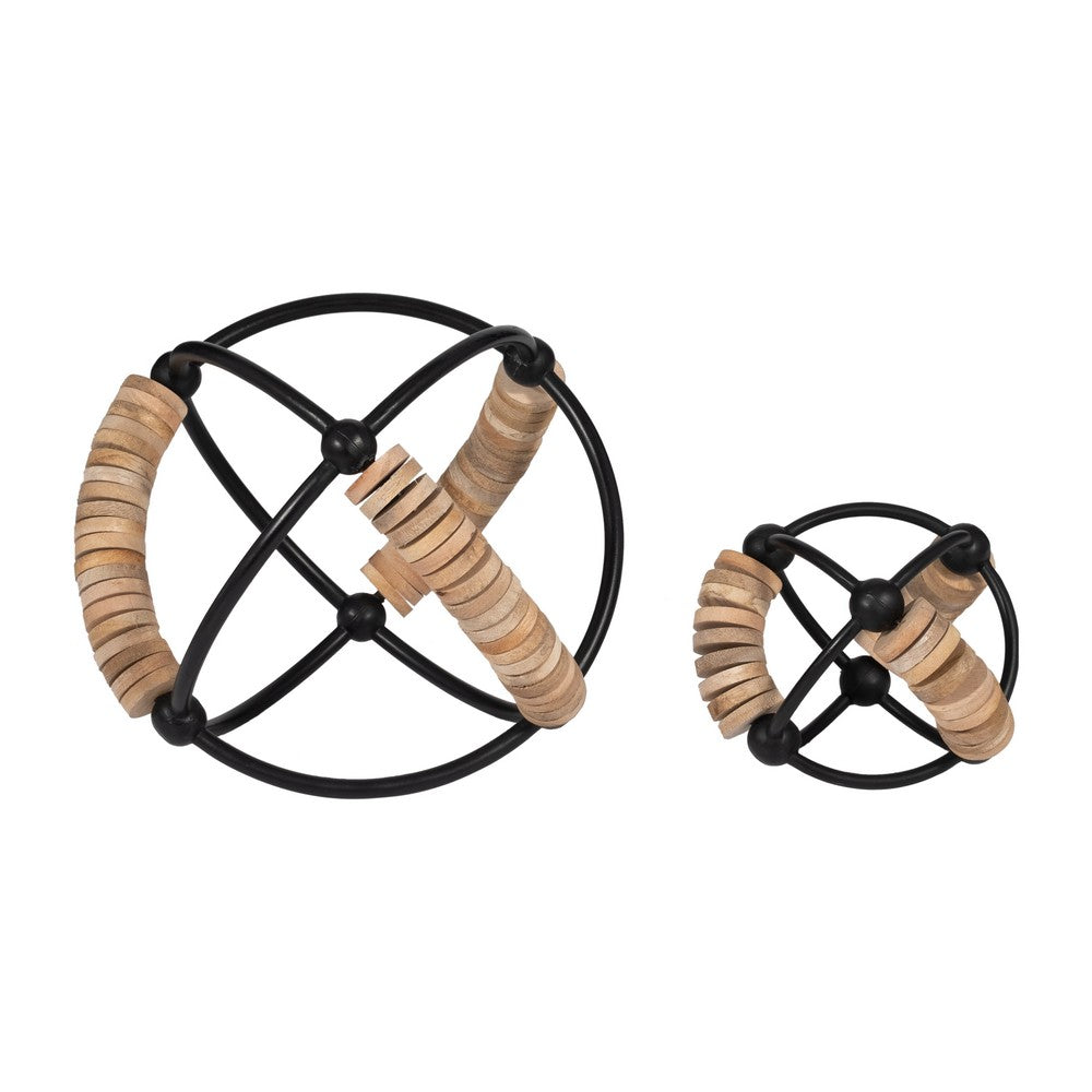 Decorative 9" Orb | Abacus Design Natural Brown Wood | Black Iron