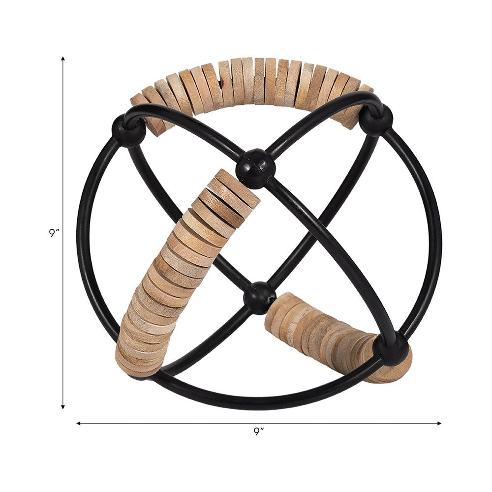 Decorative 9" Orb | Abacus Design Natural Brown Wood | Black Iron