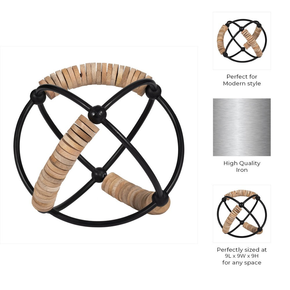 Decorative 9" Orb | Abacus Design Natural Brown Wood | Black Iron