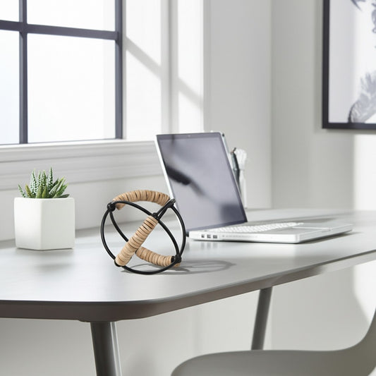 Decorative 9" Orb | Abacus Design Natural Brown Wood | Black Iron