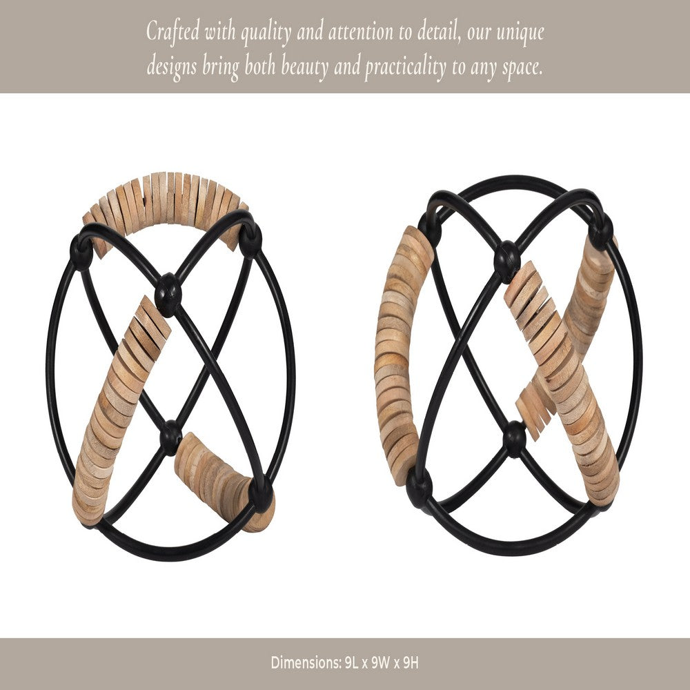 Decorative 9" Orb | Abacus Design Natural Brown Wood | Black Iron