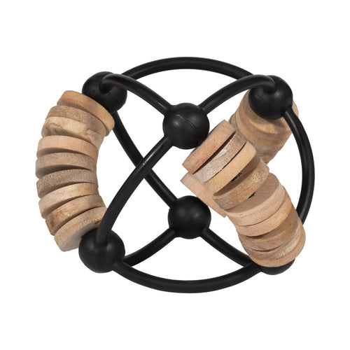 Decorative Beaded Abacus Sphere | 6" Black Iron & Brown Mango Wood