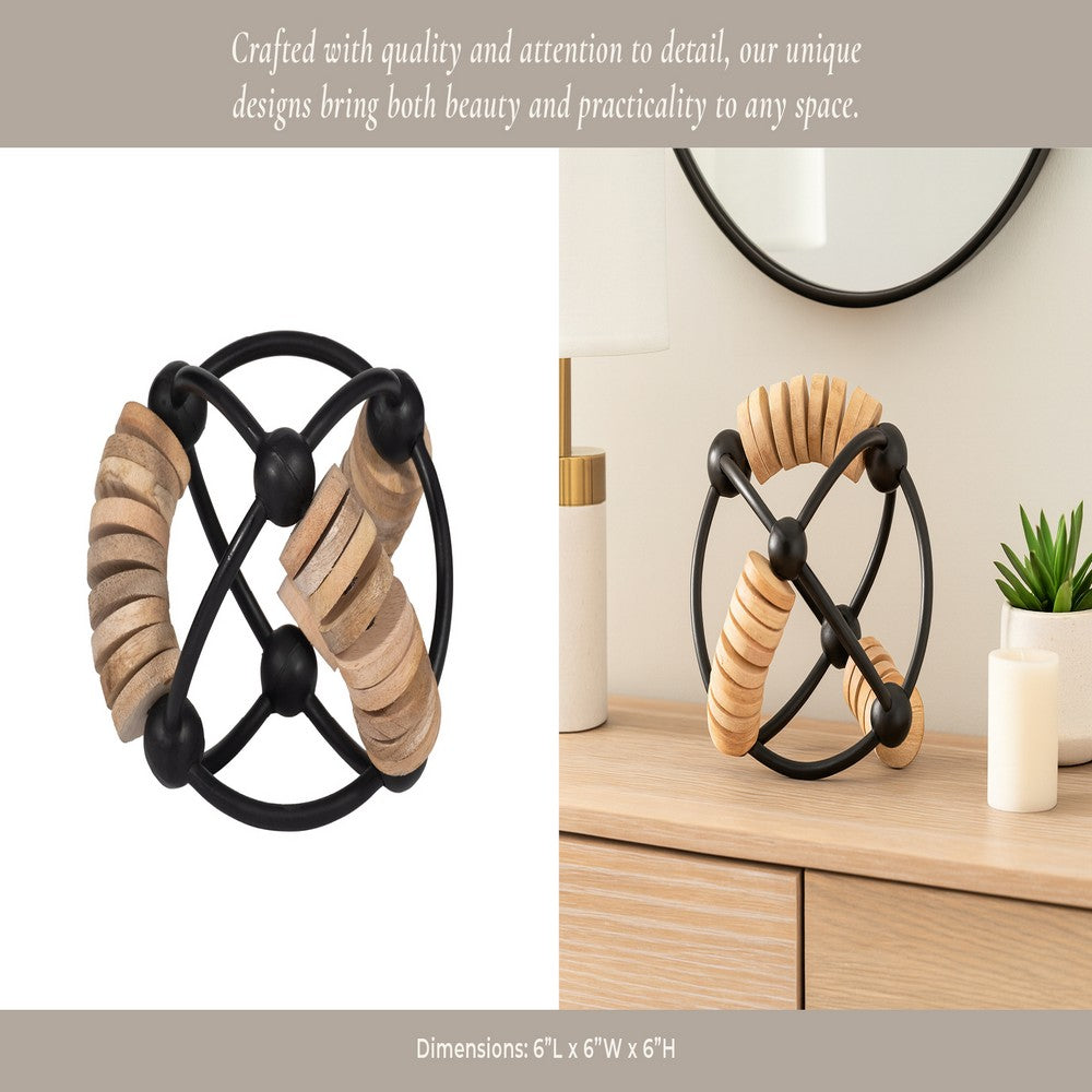 Decorative Beaded Abacus Sphere | 6" Black Iron & Brown Mango Wood