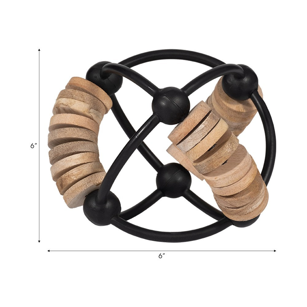 Decorative Beaded Abacus Sphere | 6" Black Iron & Brown Mango Wood