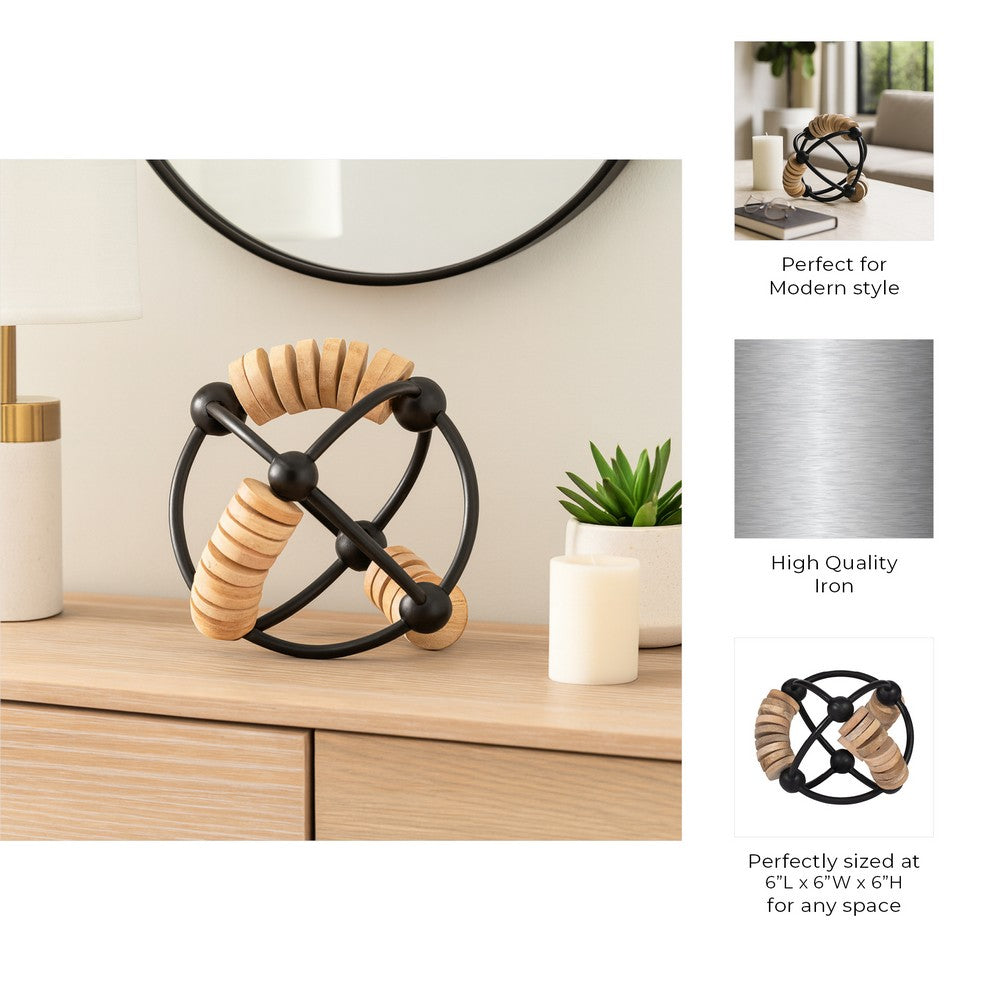 Decorative Beaded Abacus Sphere | 6" Black Iron & Brown Mango Wood