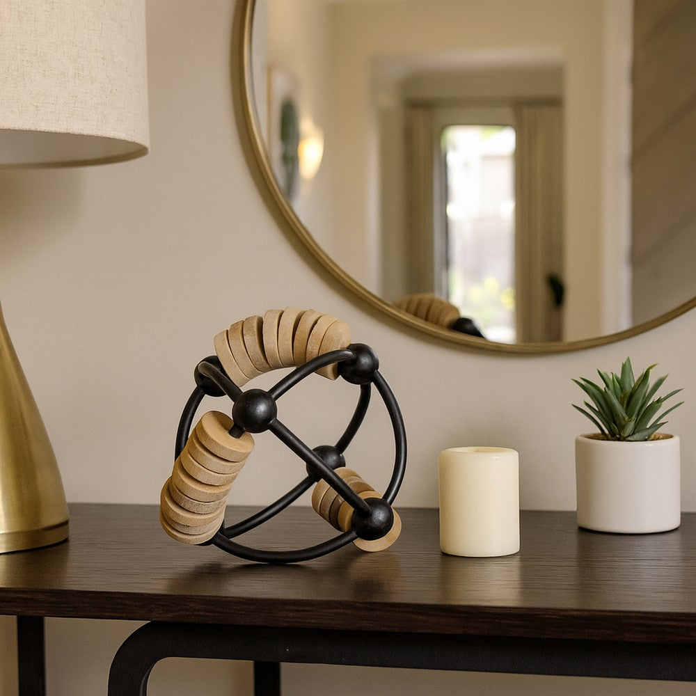 Decorative Beaded Abacus Sphere | 6" Black Iron & Brown Mango Wood