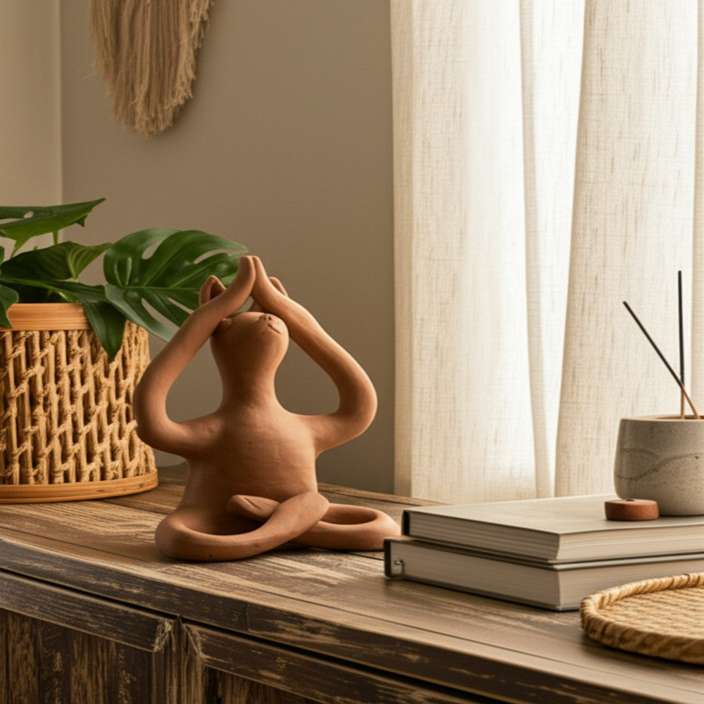 Salutation Yoga Bunny Figurine | Meditating Pose | Brown Terracotta 10"