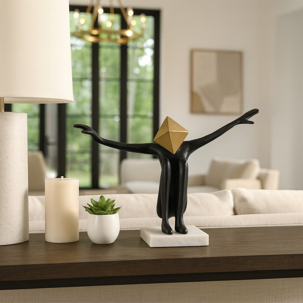 Open Arm Man Decorative Tabletop Sculpture | 13" Black | White Marble