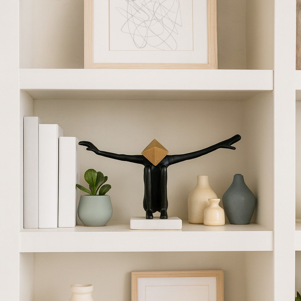 Open Arm Man Decorative Tabletop Sculpture | 13" Black | White Marble