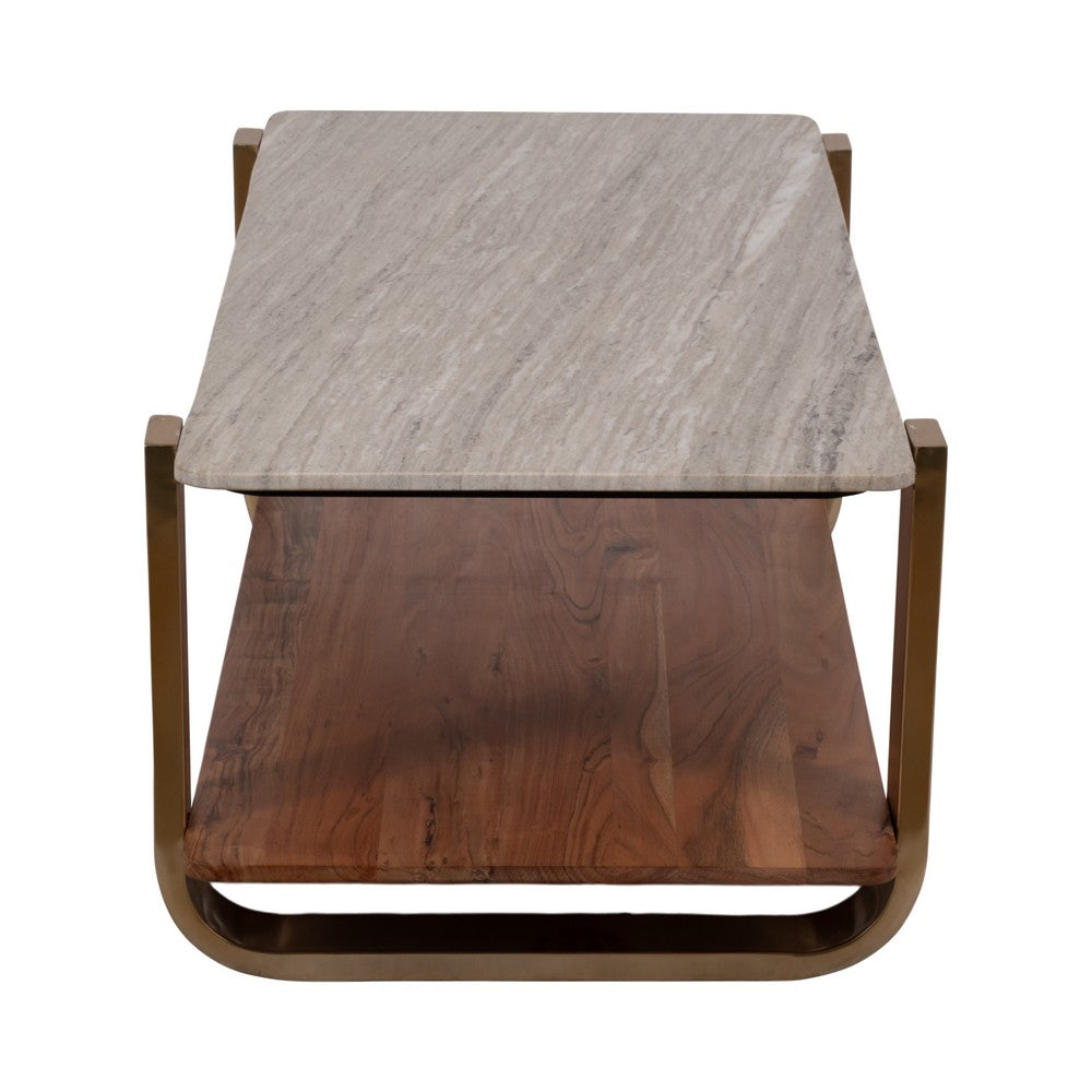 Coffee Table | 48" Rectangular Marble Top with 1 Open Shelf | Gold Legs
