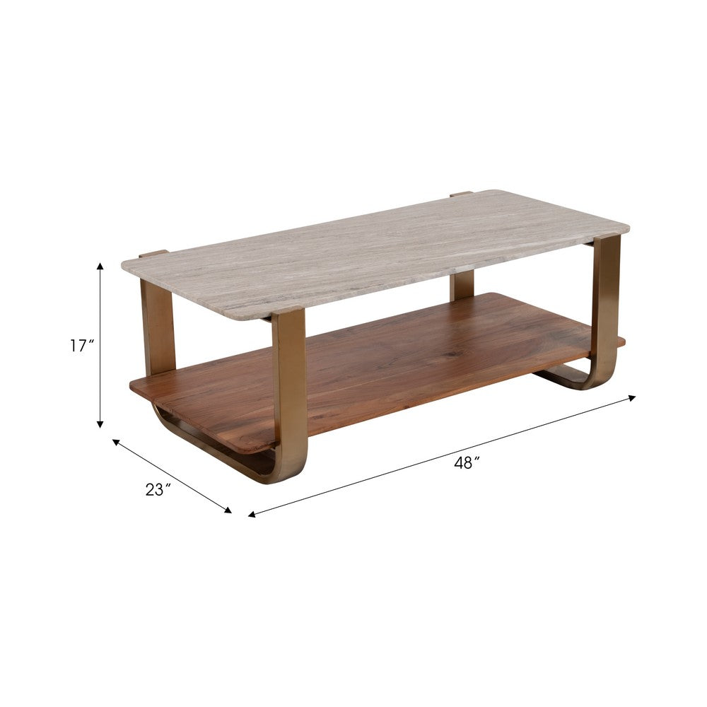Coffee Table | 48" Rectangular Marble Top with 1 Open Shelf | Gold Legs