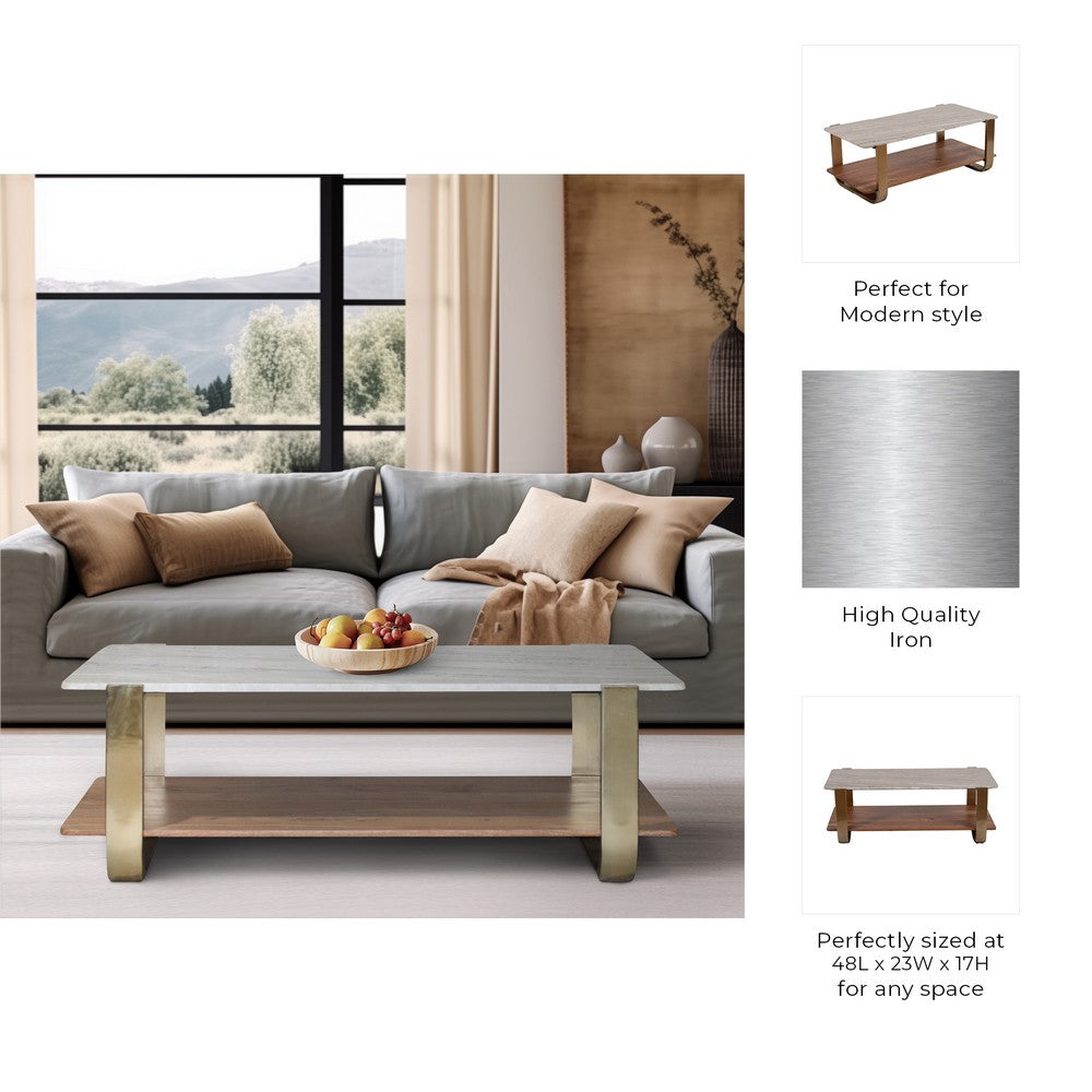 Coffee Table | 48" Rectangular Marble Top with 1 Open Shelf | Gold Legs