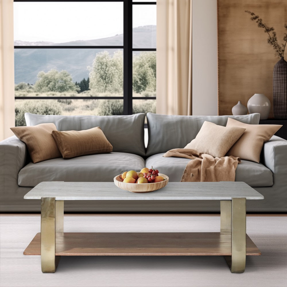 Coffee Table | 48" Rectangular Marble Top with 1 Open Shelf | Gold Legs