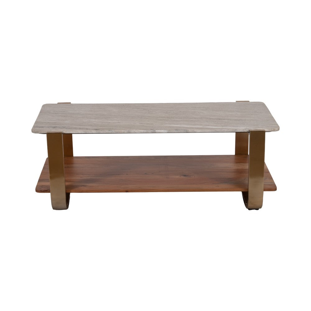 Coffee Table | 48" Rectangular Marble Top with 1 Open Shelf | Gold Legs