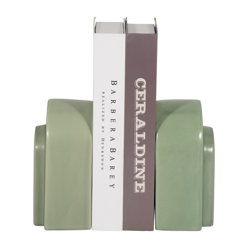 Decorative Bookends Set of 2 | Arch Pattern | Glossy Sage Green Ceramic