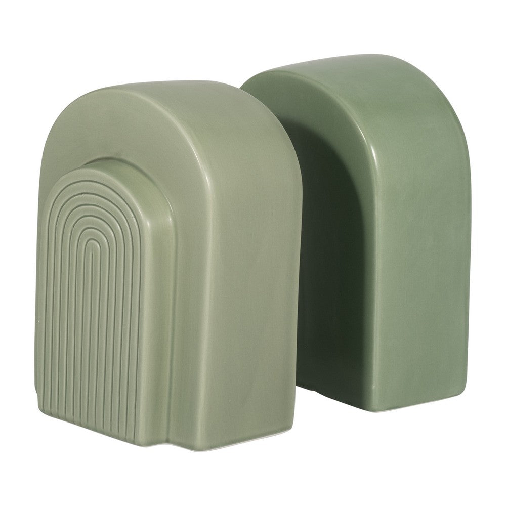 Decorative Bookends Set of 2 | Arch Pattern | Glossy Sage Green Ceramic