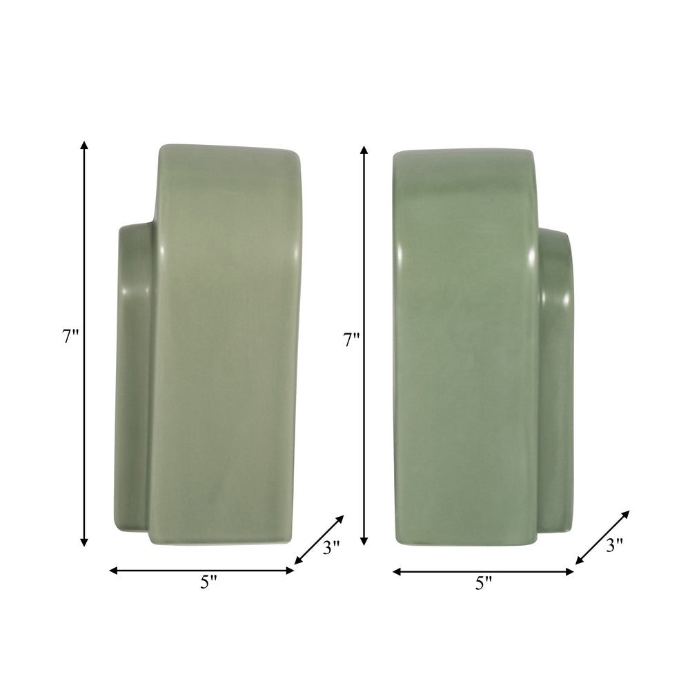 Decorative Bookends Set of 2 | Arch Pattern | Glossy Sage Green Ceramic