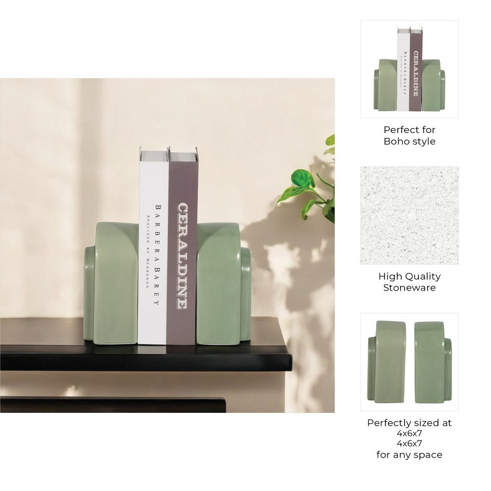 Decorative Bookends Set of 2 | Arch Pattern | Glossy Sage Green Ceramic