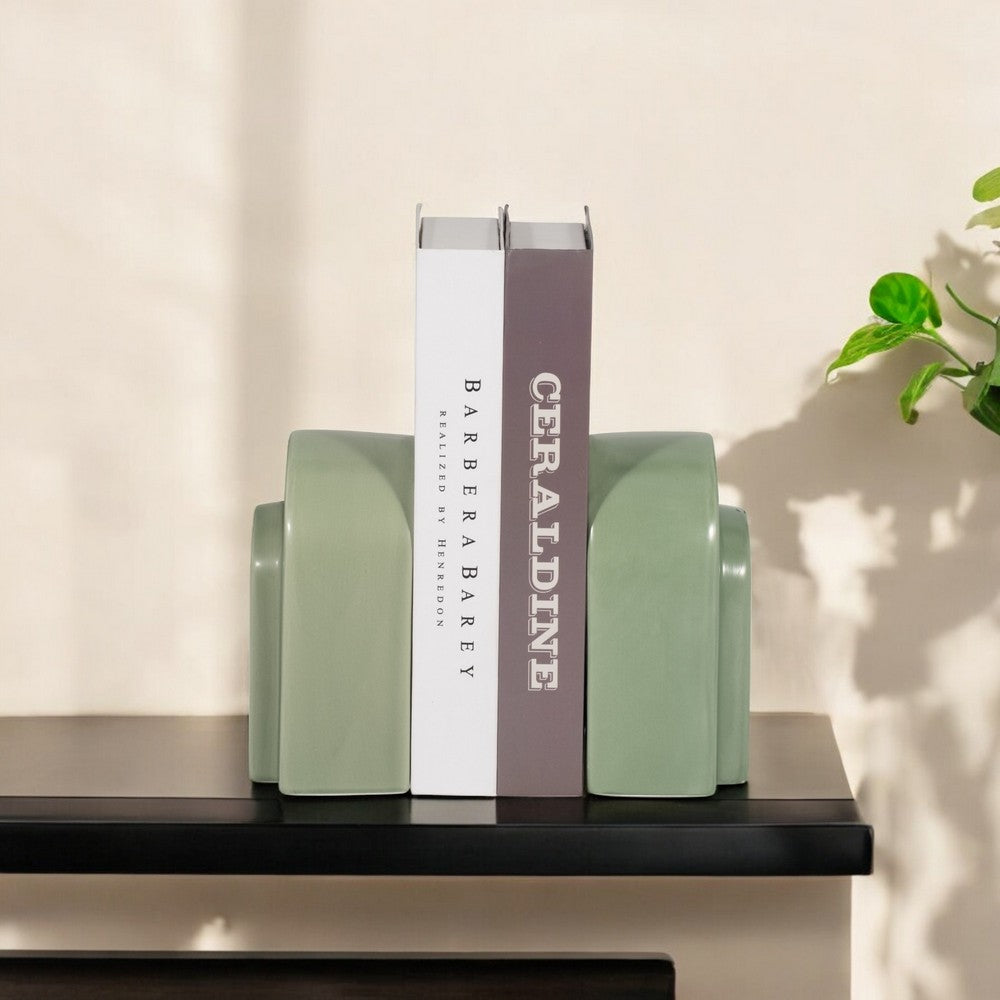 Decorative Bookends Set of 2 | Arch Pattern | Glossy Sage Green Ceramic
