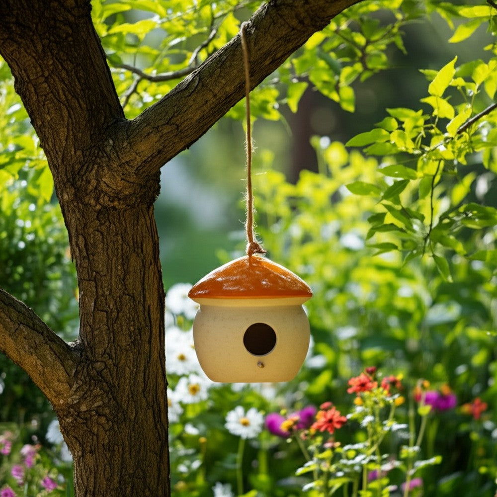 Hanging Bird Feeder | Mushroom Shaped House | Orange Beige Ceramic | 6"