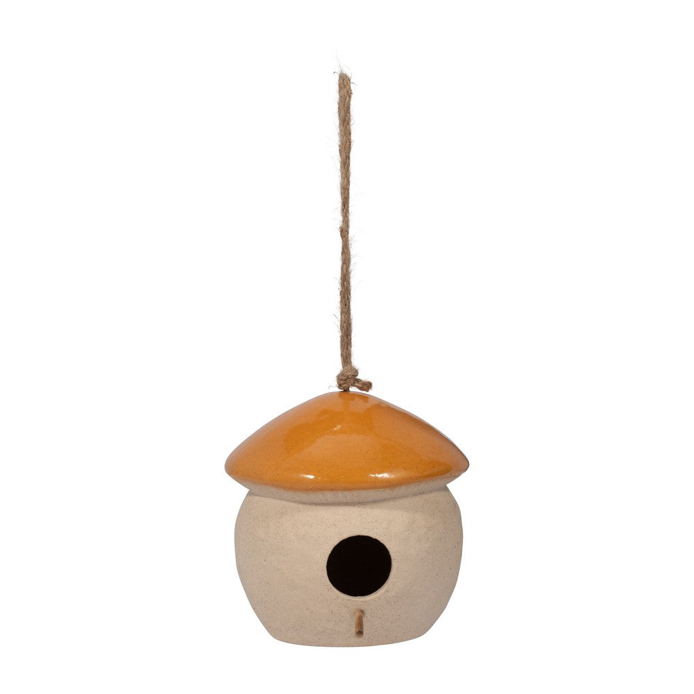 Hanging Bird Feeder | Mushroom Shaped House | Orange Beige Ceramic | 6"