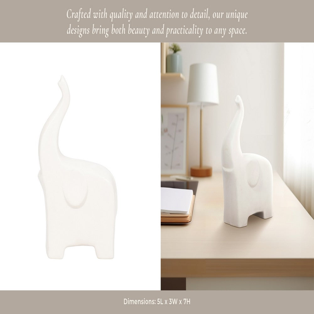 Elephant Tabletop Decor Sculpture with Tall Trunk | 7" Ivory Ceramic