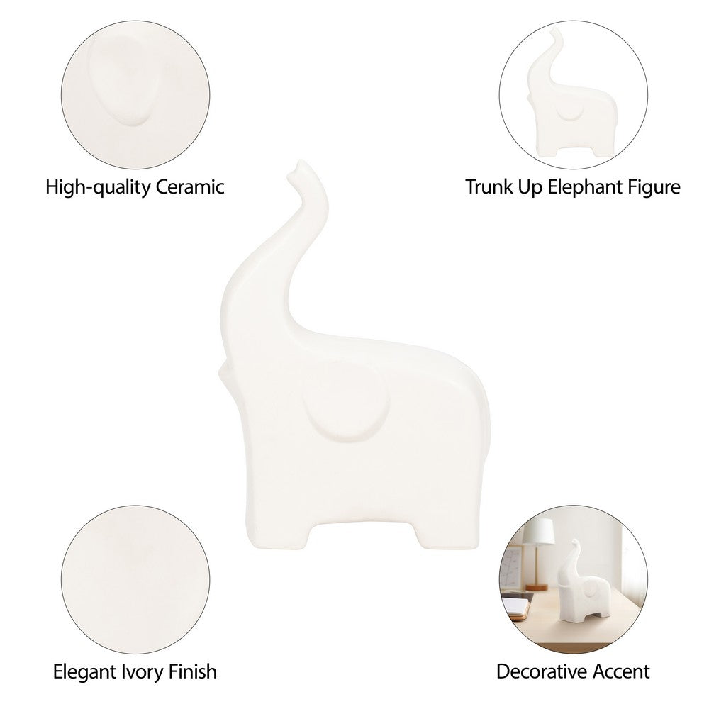 Elephant Tabletop Decor Sculpture with Tall Trunk | 7" Ivory Ceramic