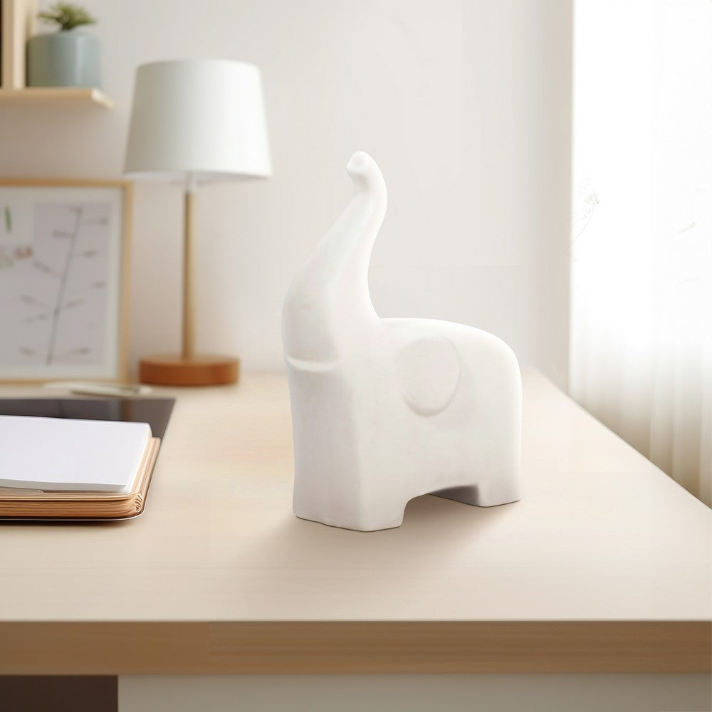 Elephant Tabletop Decor Sculpture with Tall Trunk | 7" Ivory Ceramic