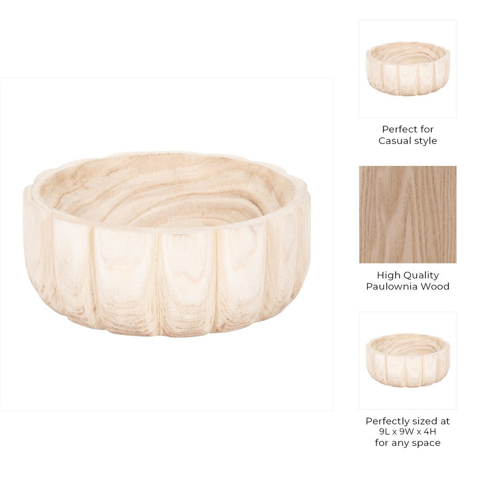 Paco Scallop Decorative Bowl | Fluted Edge | Natural Paulownia Wood 9"