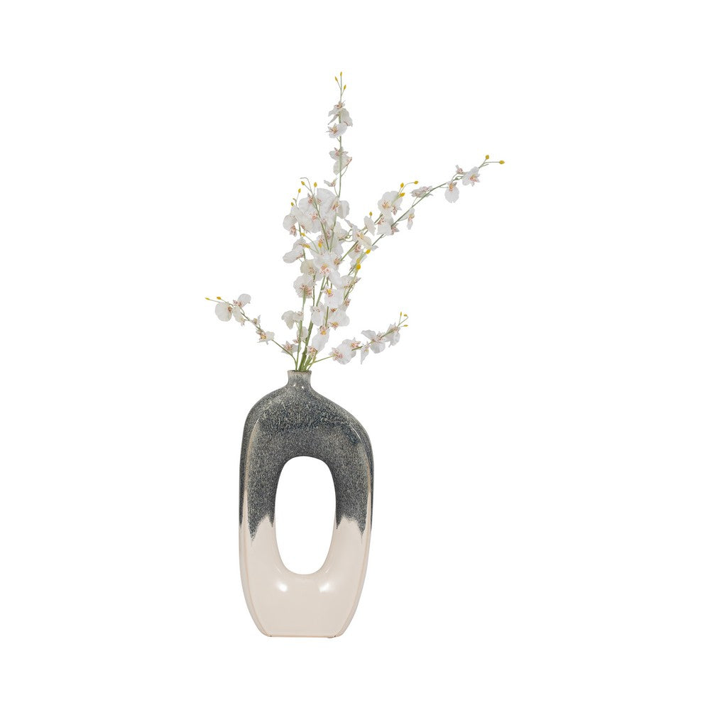 Decorative Curved Flower Vase with Open Center | 16" | Blue White Ceramic