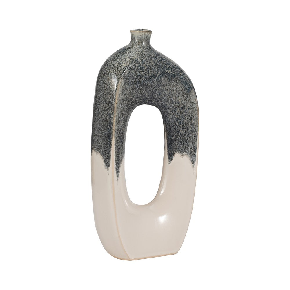 Decorative Curved Flower Vase with Open Center | 16" | Blue White Ceramic