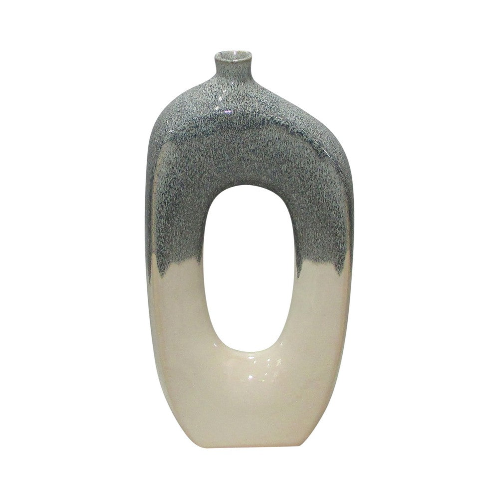 Decorative Curved Flower Vase with Open Center | 16" | Blue White Ceramic