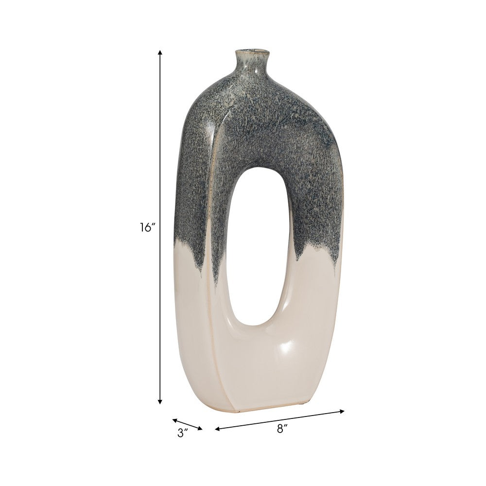 Decorative Curved Flower Vase with Open Center | 16" | Blue White Ceramic