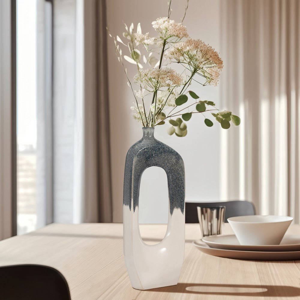 26" Curvy Modern Flower Vase w Open Center | Blue & White Ceramic