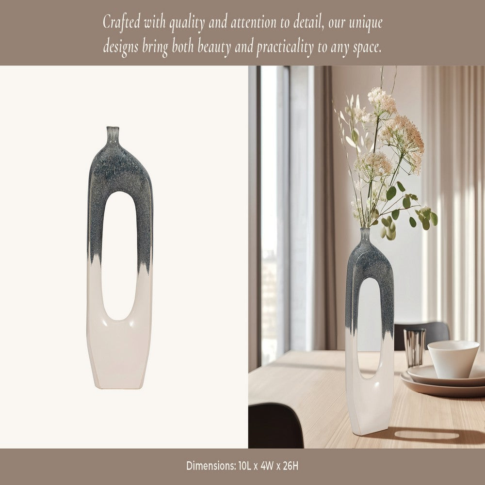 26" Curvy Modern Flower Vase w Open Center | Blue & White Ceramic