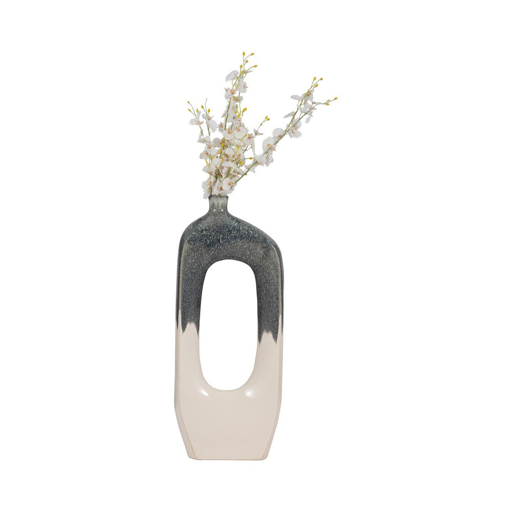 26" Curvy Modern Flower Vase w Open Center | Blue & White Ceramic
